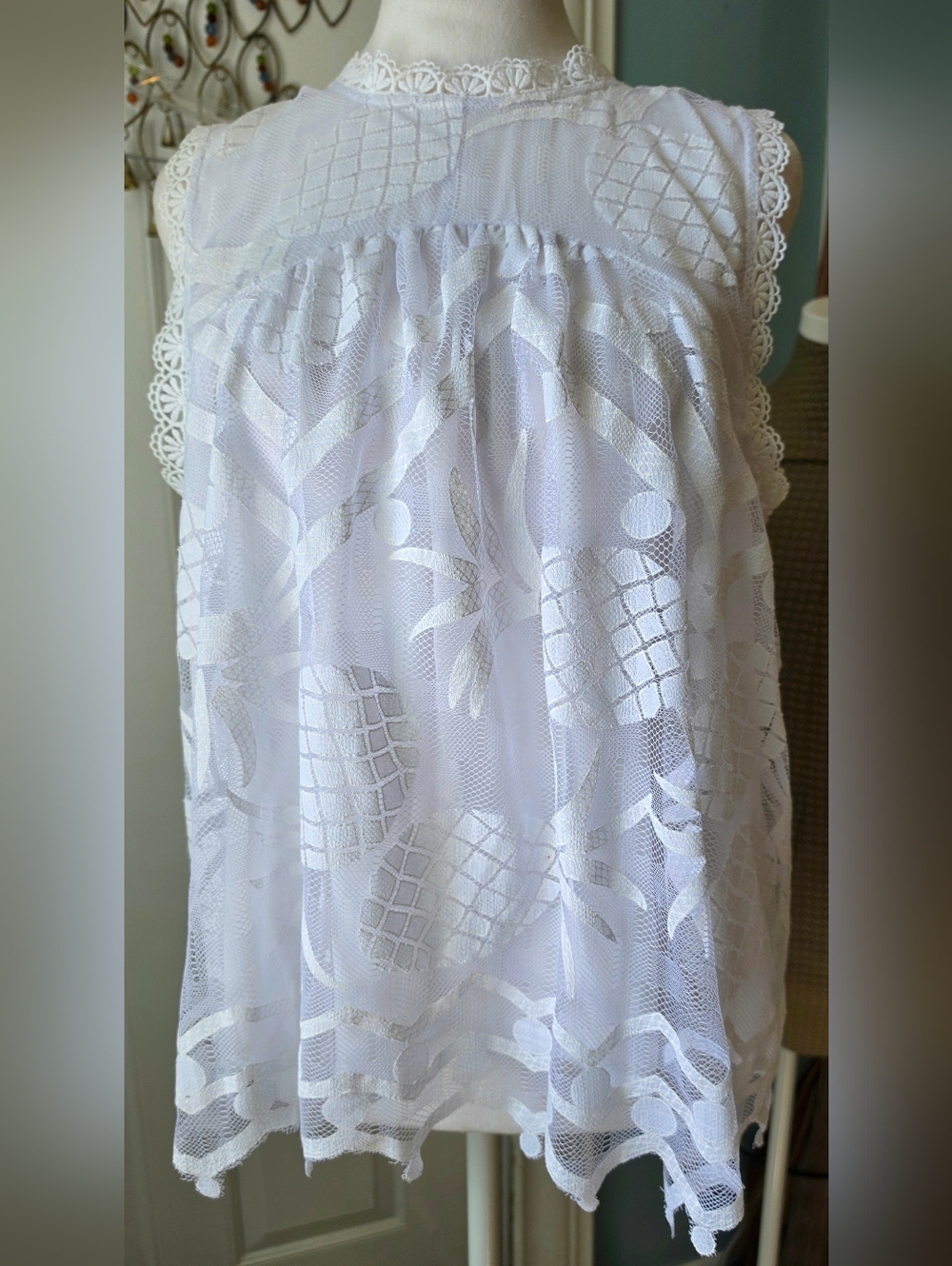 Maeve X Anthropologie Pineapple Lace Overlay Sleeveless Blouse Womens 14 White